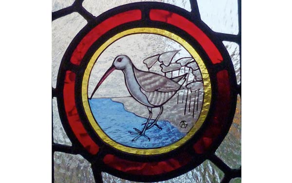 Water rail roundel: Glass paint, silver stain, enamels